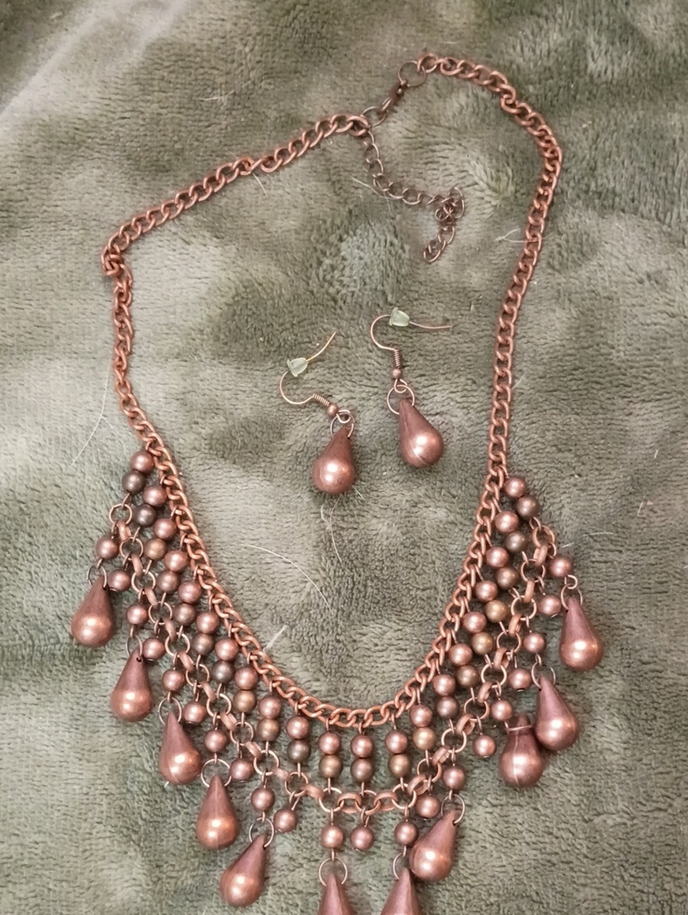 Rose Gold Teardrop Fringe Necklace with Matching Earrings